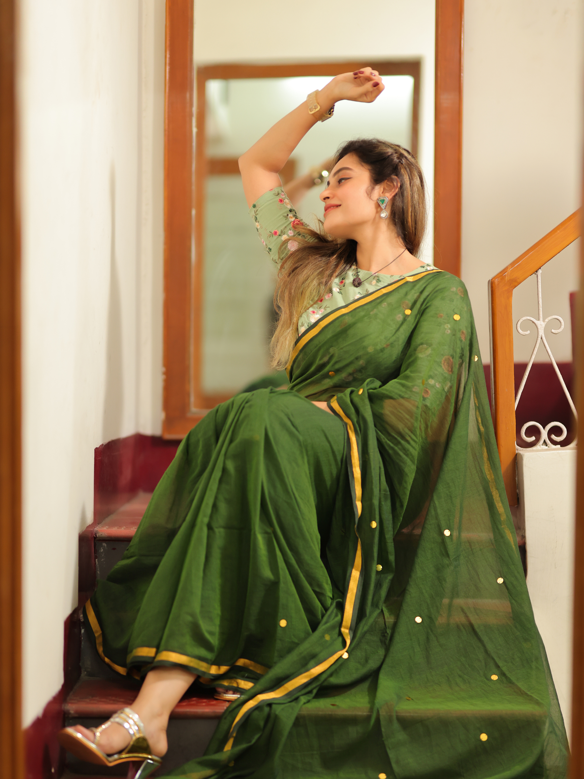 Emerald Chumki (Pure Mul Cotton Saree + Unstitched Blouse Piece)