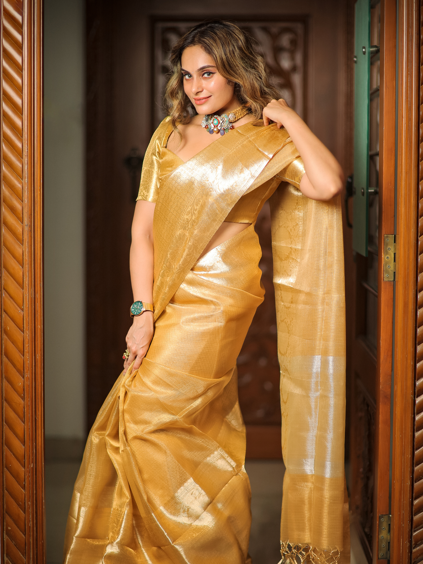 Glorious Marigold (Kora Tissue Silk Saree + Unstitched Blouse Piece)