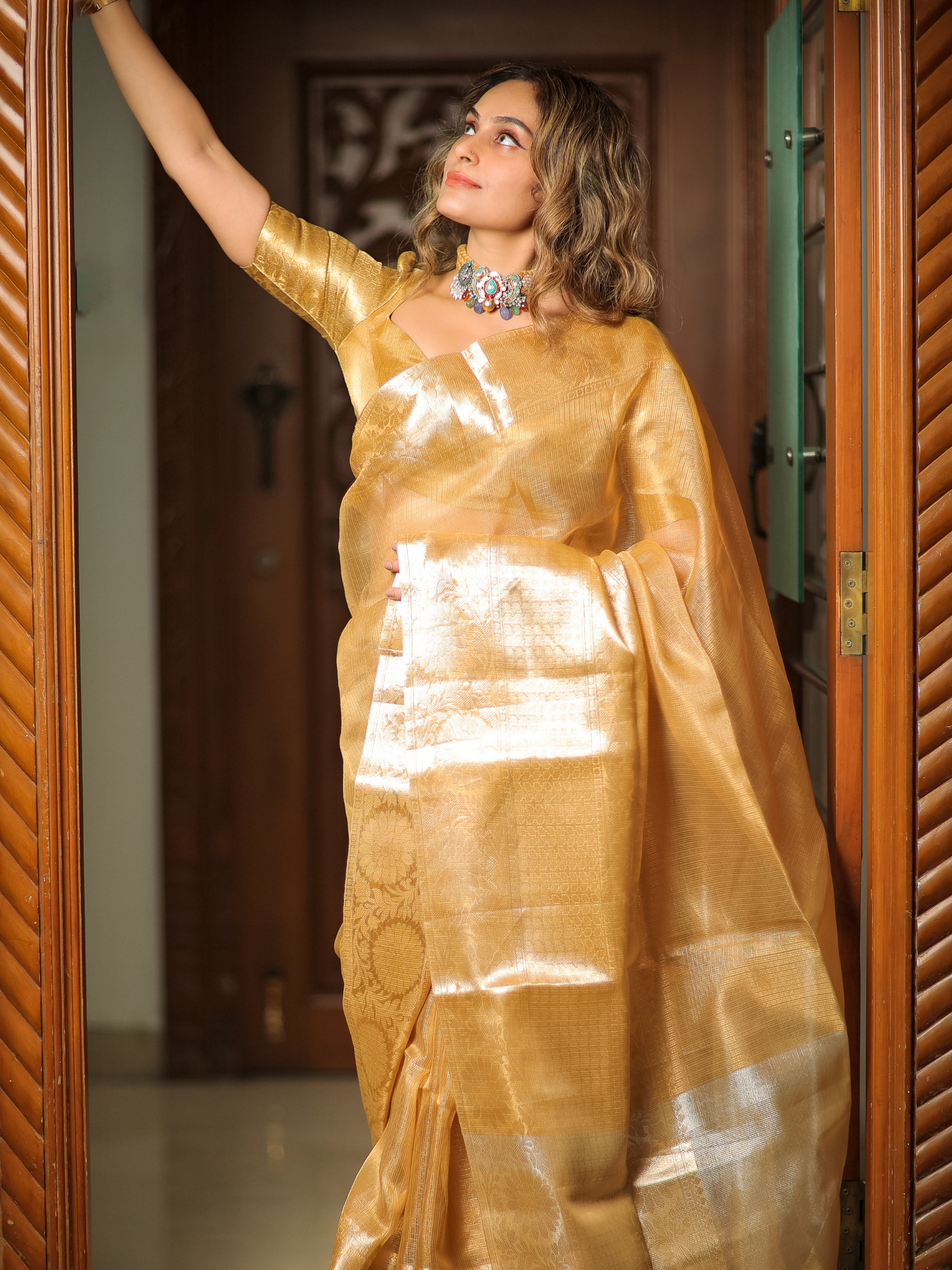 Glorious Marigold (Kora Tissue Silk Saree + Unstitched Blouse Piece)