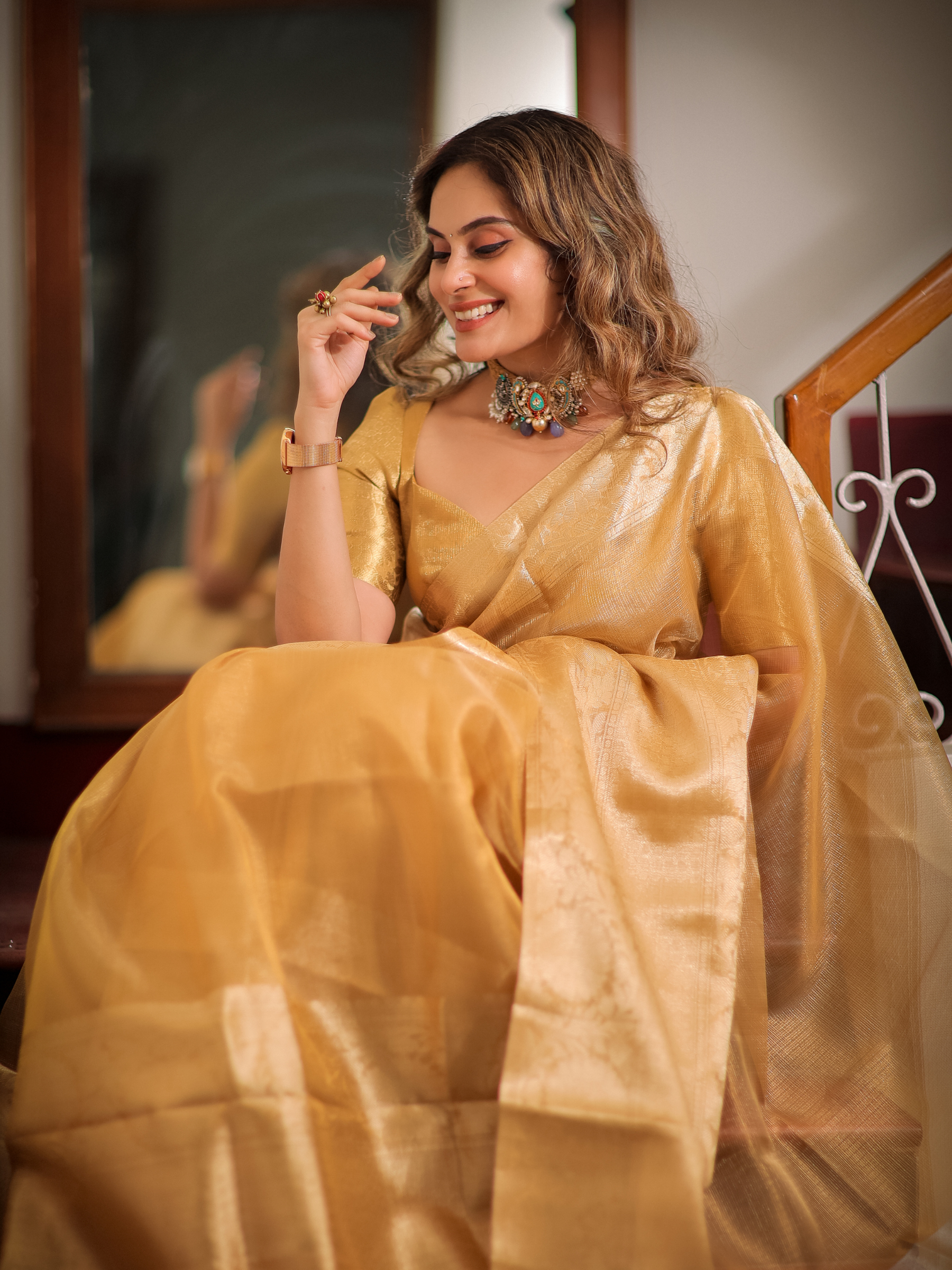 Glorious Marigold (Kora Tissue Silk Saree + Unstitched Blouse Piece)