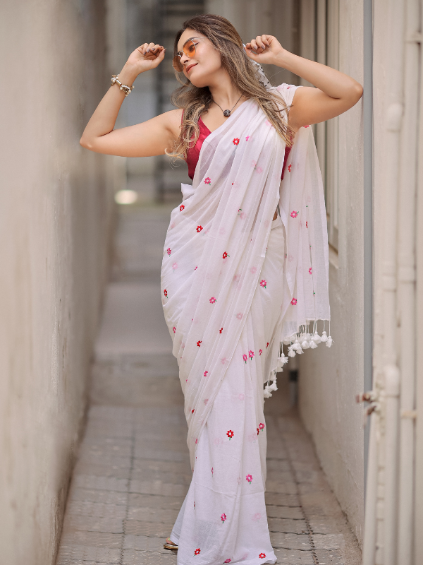 Insta Blush (Hand Embroidery Mul Mul Cotton Saree)