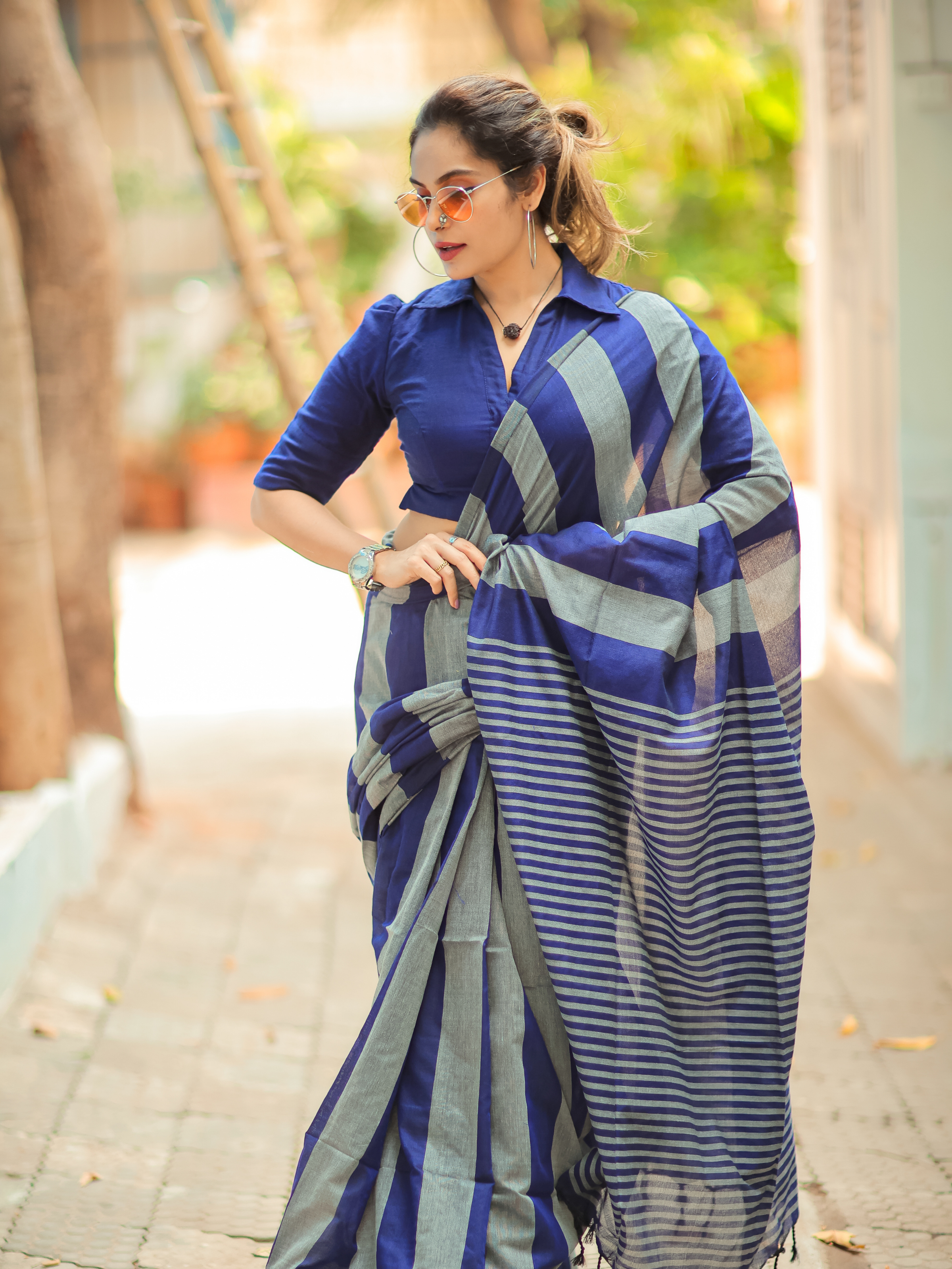 Boardroom Blues (Pure Cotton Saree With Stripes)