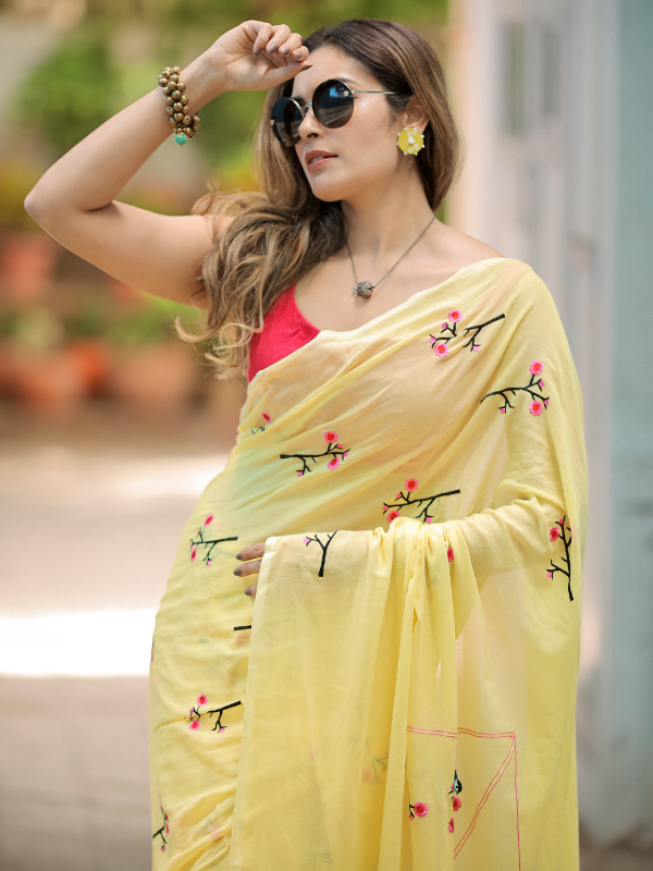 Trending Texture (Hand Embroidery Mul Mul Cotton Saree)