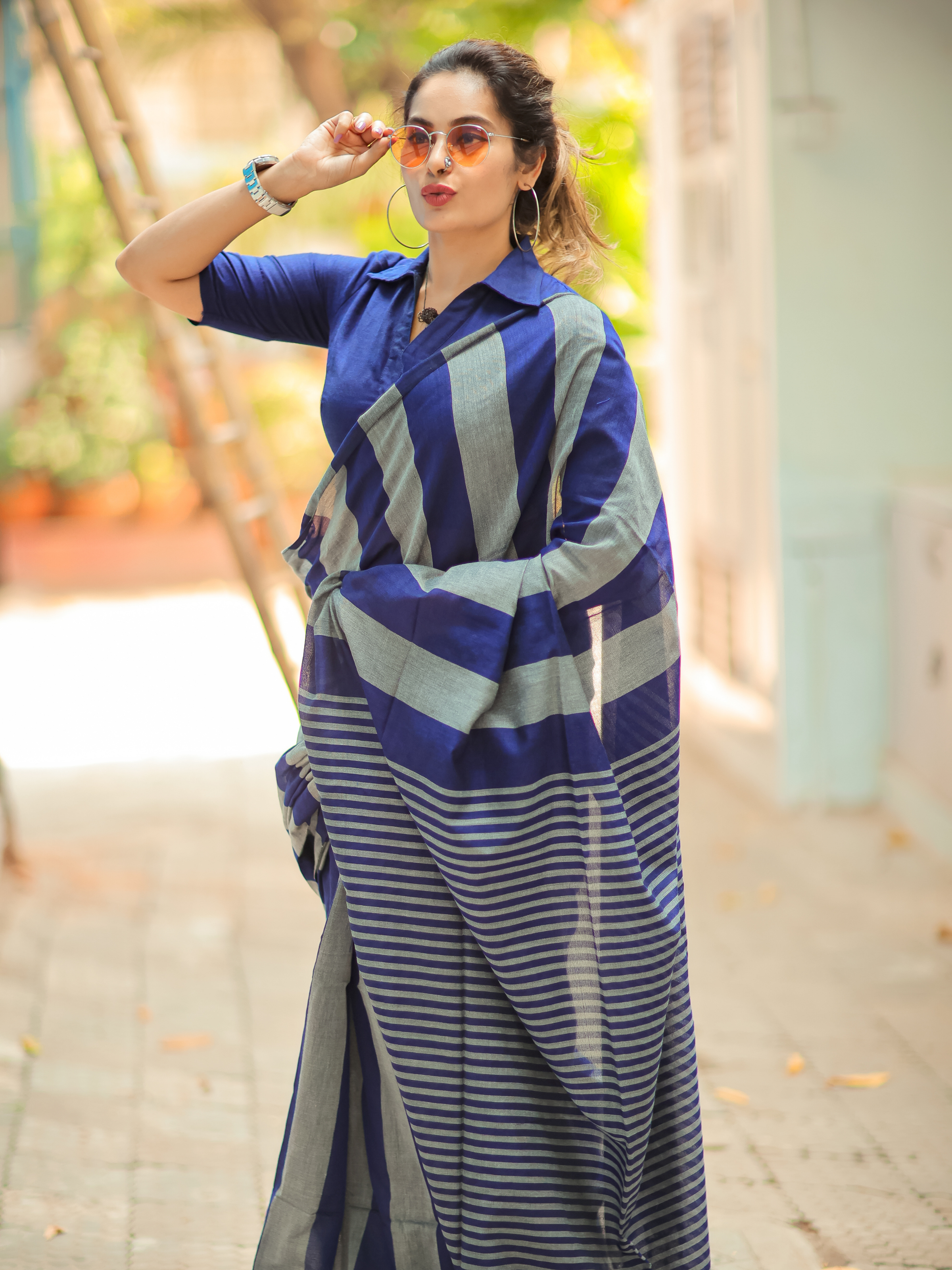 Boardroom Blues (Pure Cotton Saree With Stripes)