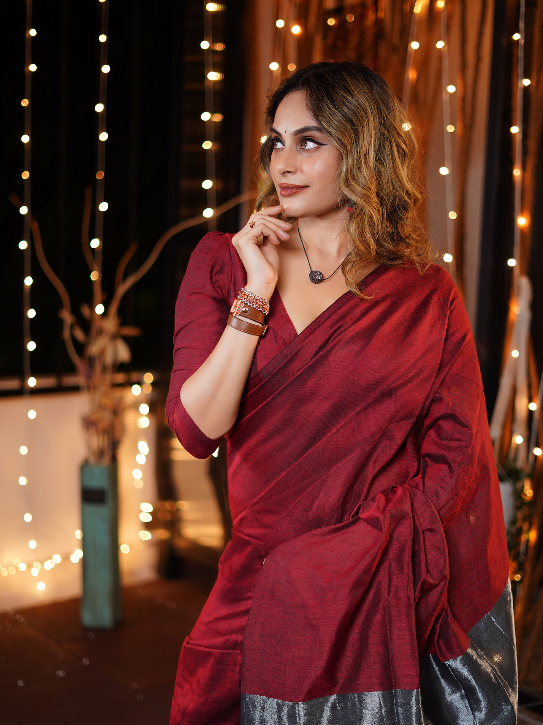 Merlot Maroon (Handwoven Cotton Tissue Saree + Unstitched Blouse Piece)