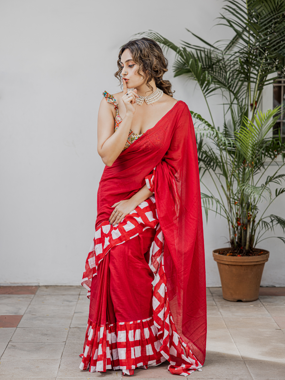 Red Frill Checked (Pure Mul Cotton Saree)