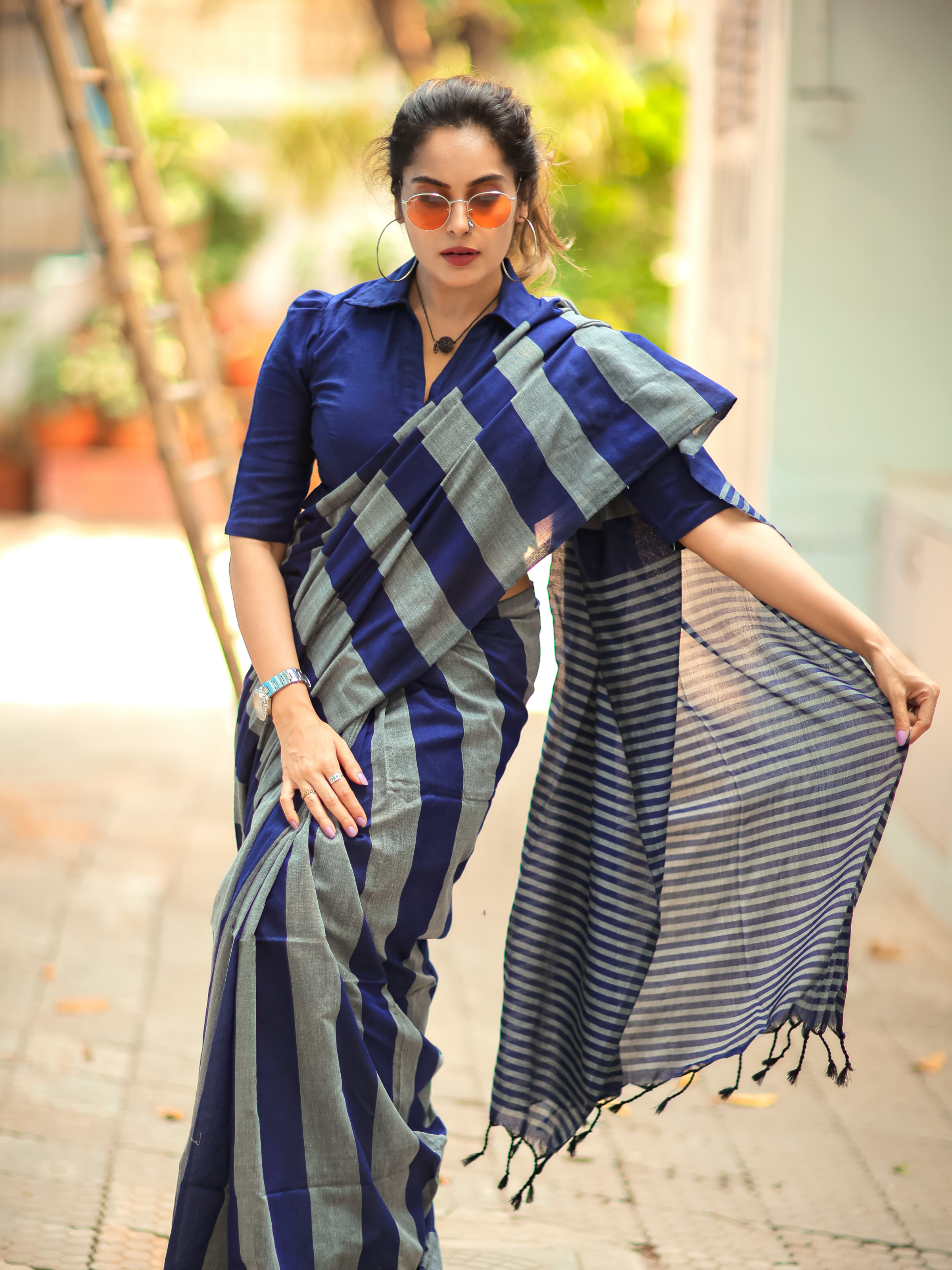 Boardroom Blues (Pure Cotton Saree With Stripes)