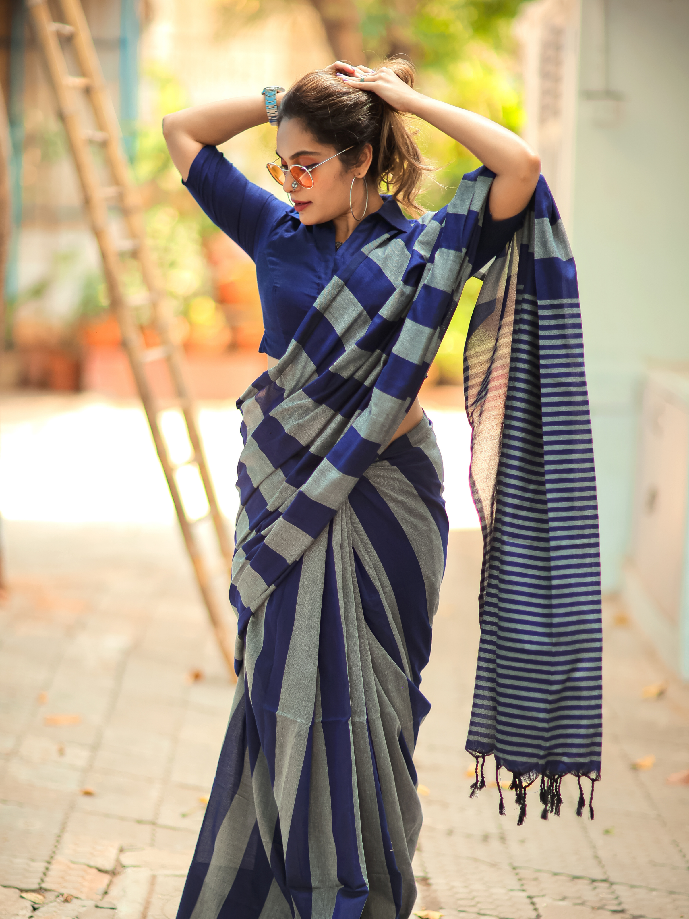 Boardroom Blues (Pure Cotton Saree With Stripes)