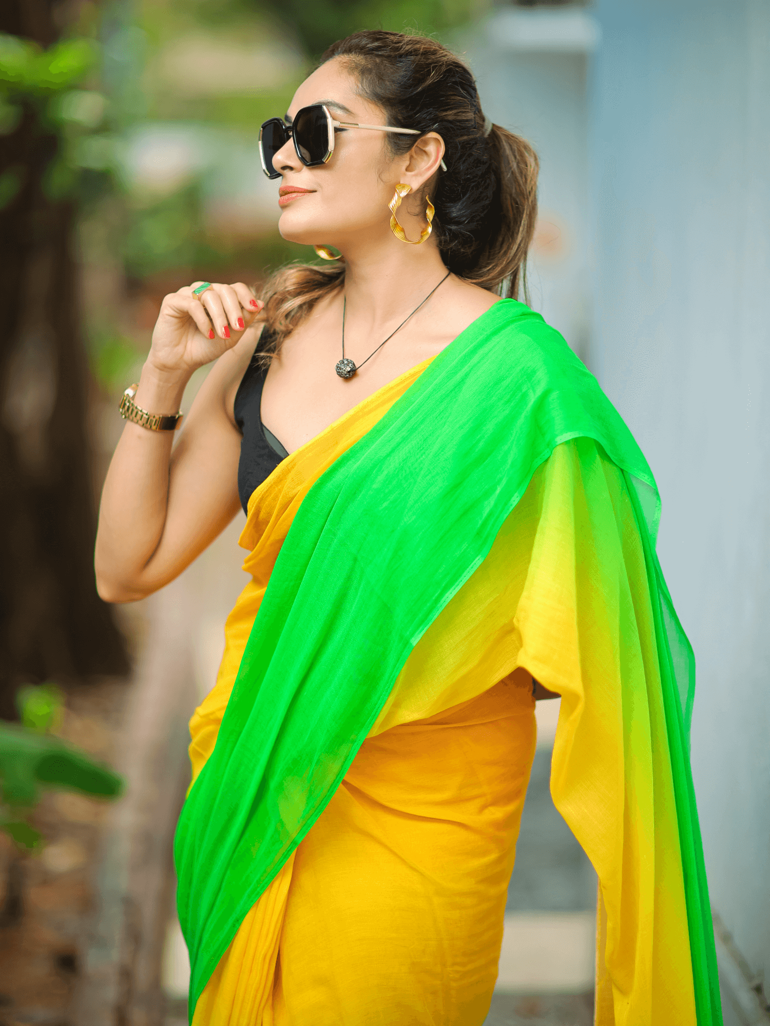 Buy Yellow Satin Silk Printed Bandhani Scoop Neck Saree With Blouse For  Women by PUNIT BALANA Online at Aza Fashions.