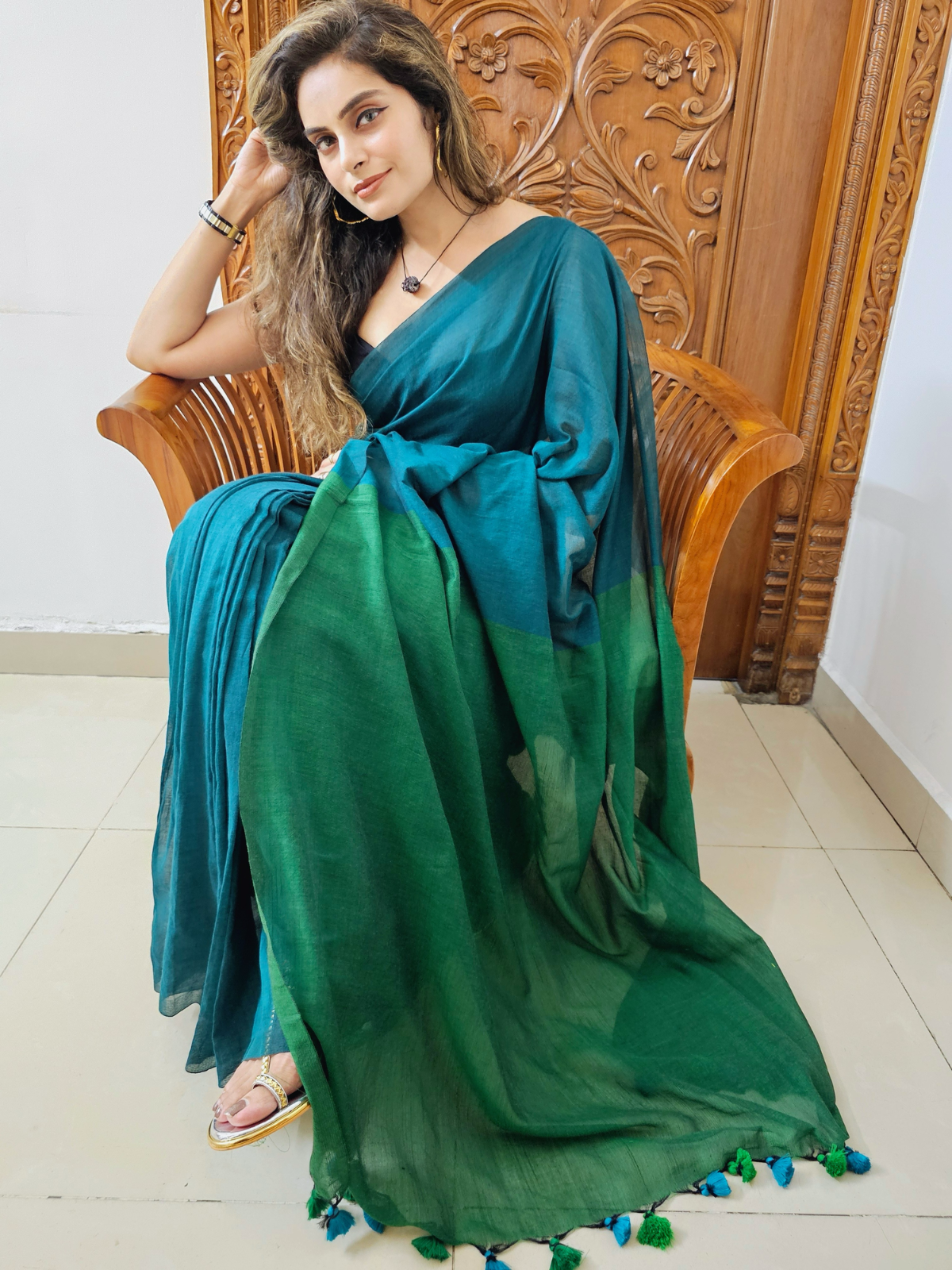 Emerald Cascade (Pure Mul Cotton Saree)