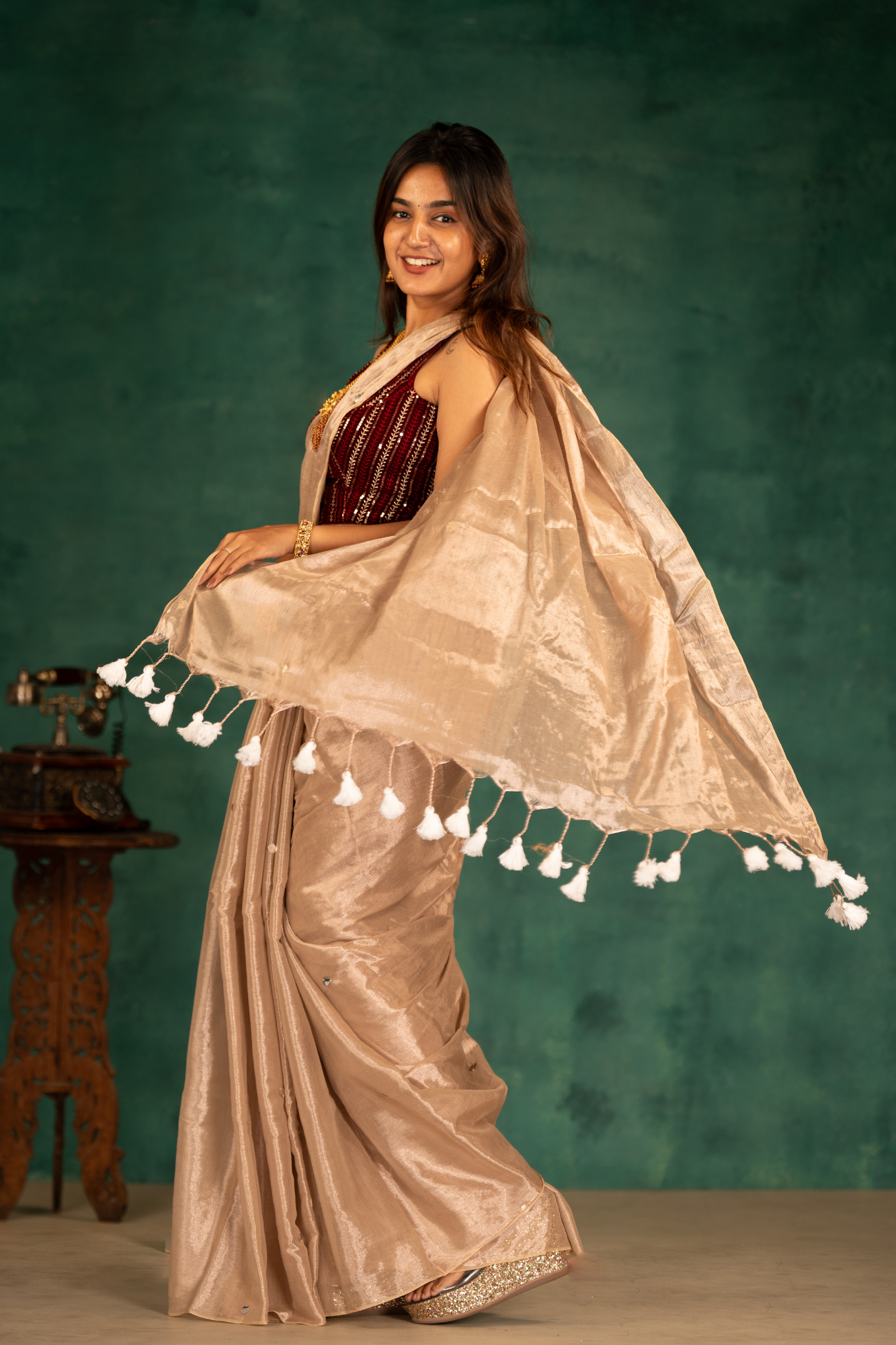 Moonlit Sandal Pearls (Tissue Mul Cotton Saree)