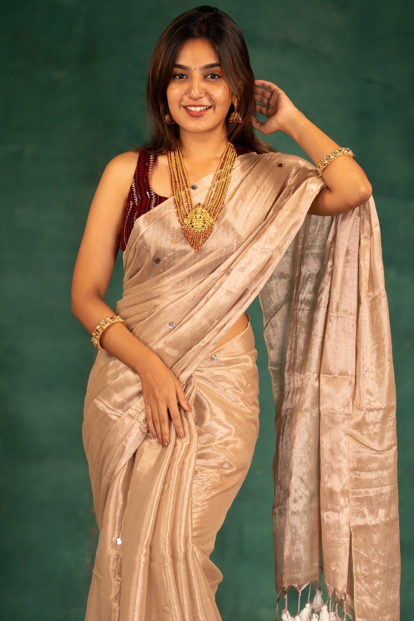 Moonlit Sandal Pearls (Tissue Mul Cotton Saree)