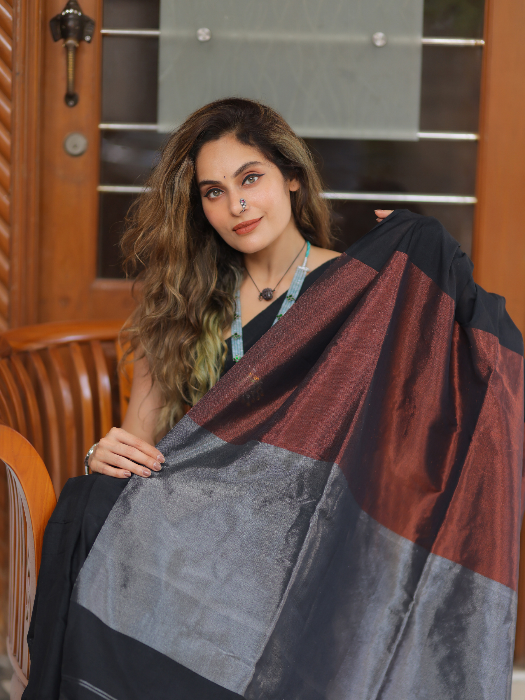 Black Martini (Handwoven Cotton Tissue Saree + Unstitched Blouse Piece)