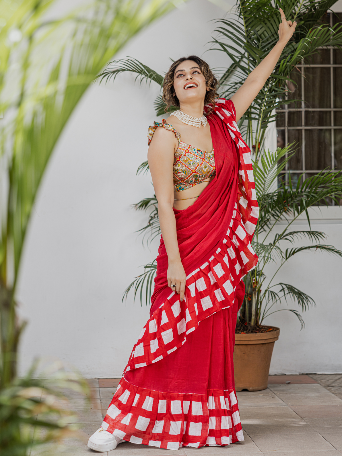 Red Frill Checked (Pure Mul Cotton Saree)