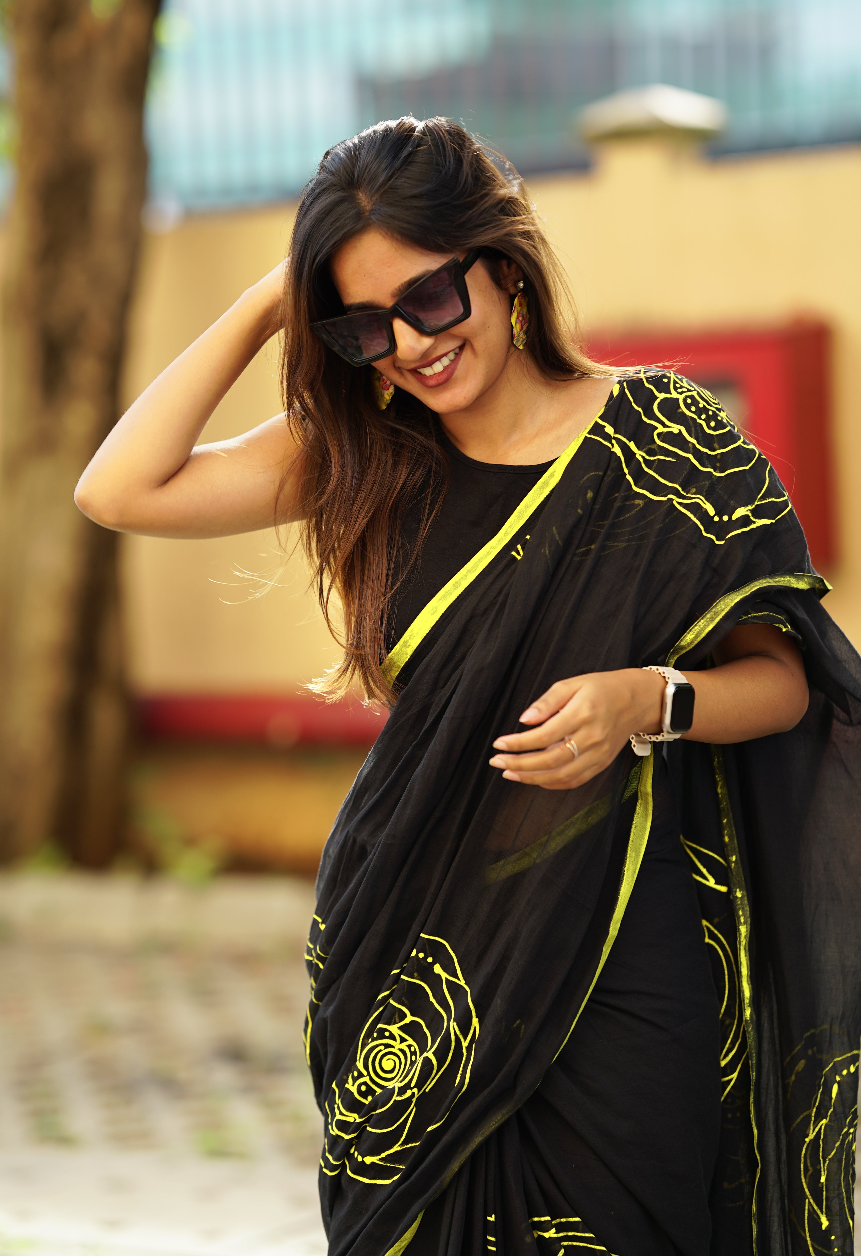 Midnight Neon Bloom (Mul Cotton Saree)
