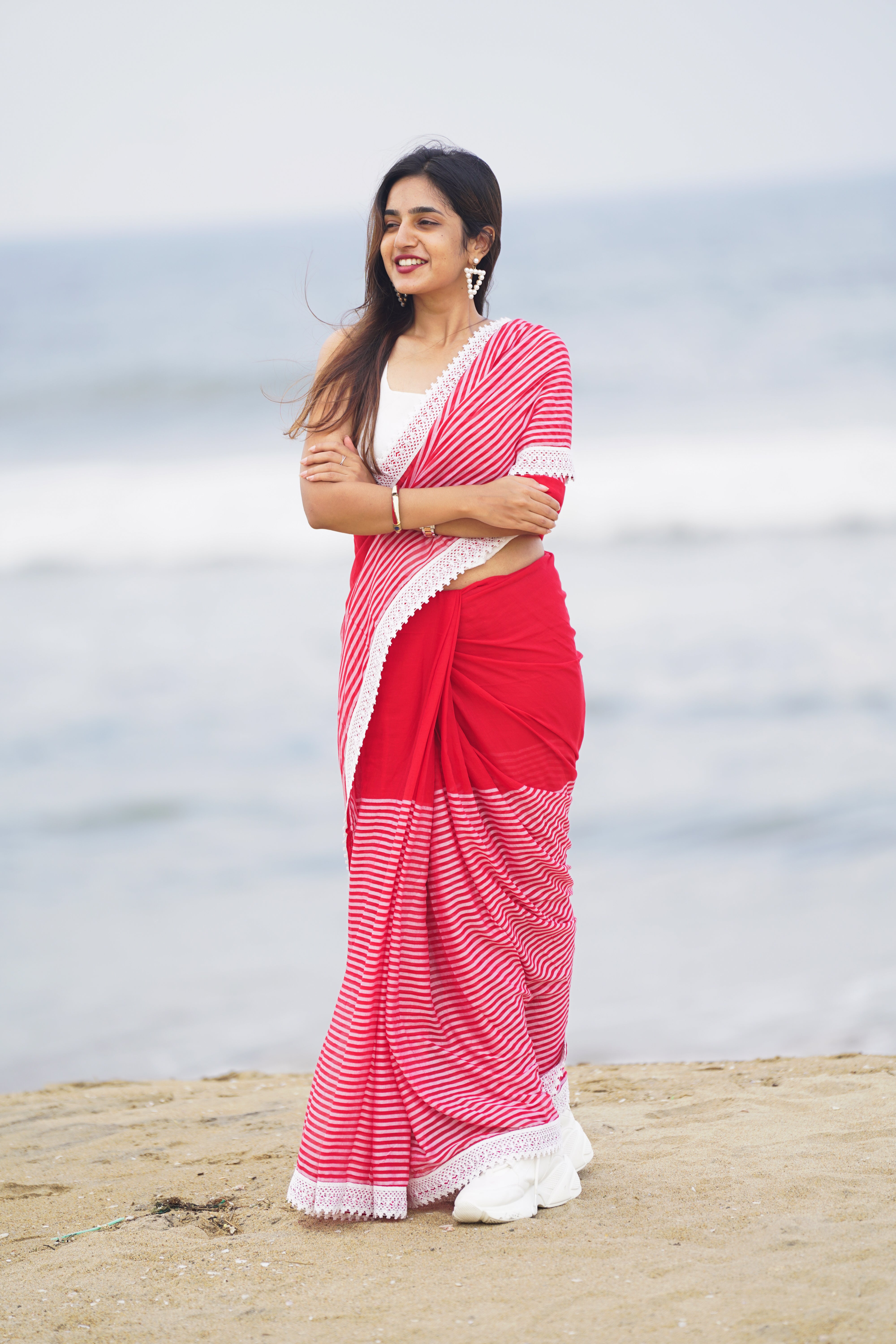 Scarlet Striped Serenade (Mul Cotton Saree)