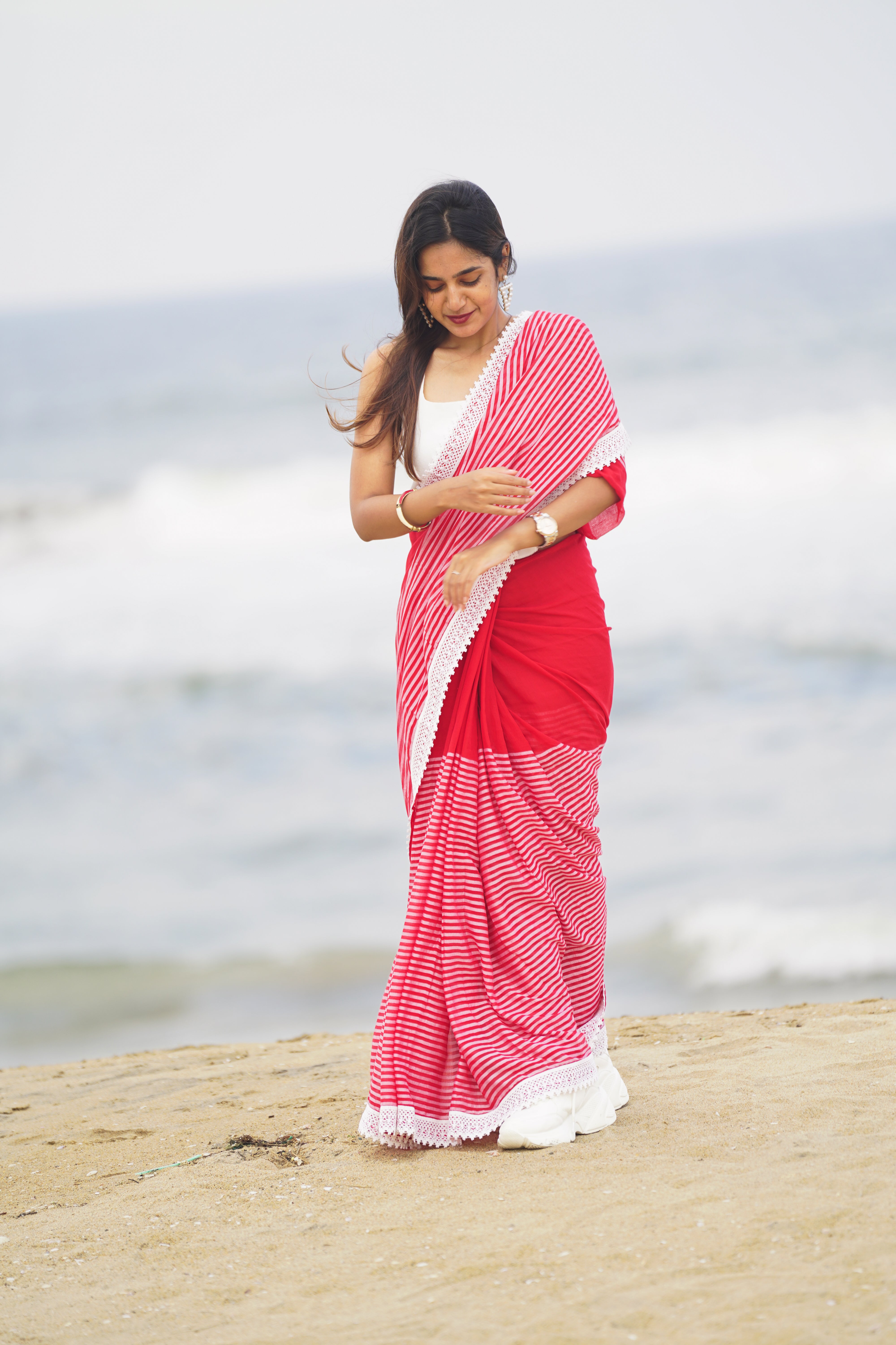 Scarlet Striped Serenade (Mul Cotton Saree)