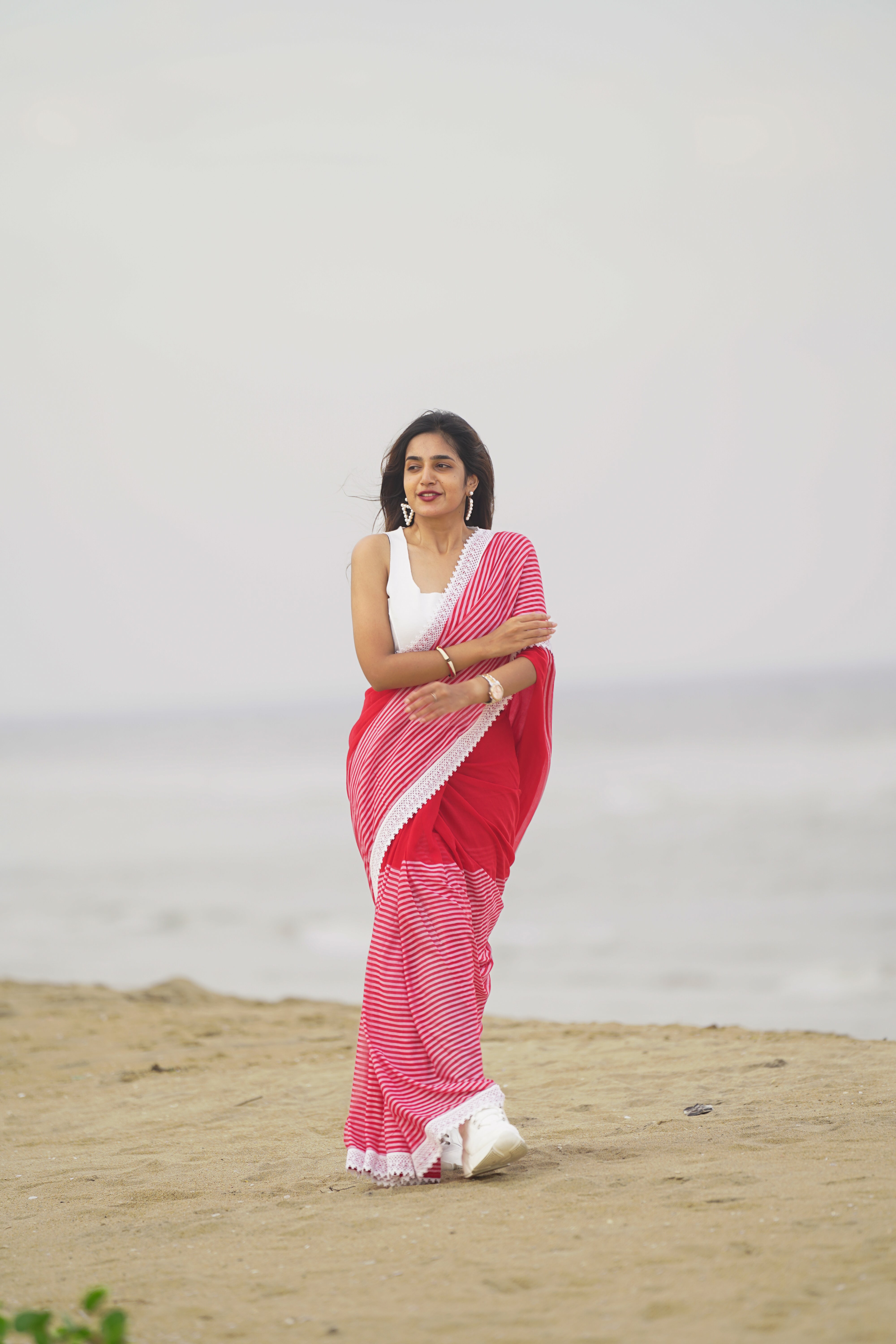 Scarlet Striped Serenade (Mul Cotton Saree)