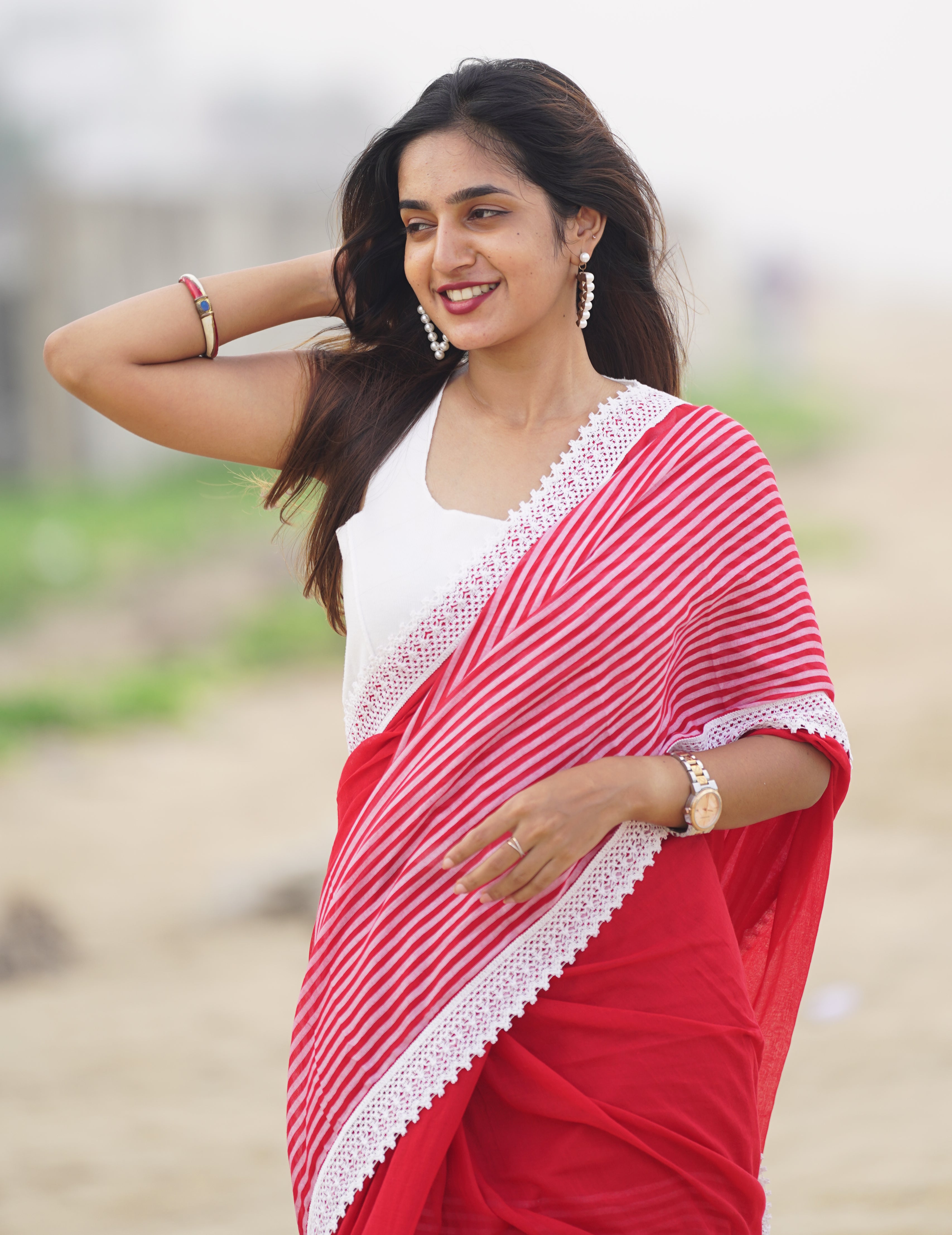 Scarlet Striped Serenade (Mul Cotton Saree)